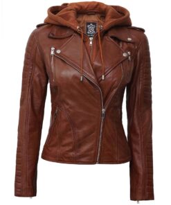 Women's Tan Biker Leather Jacket With Hood