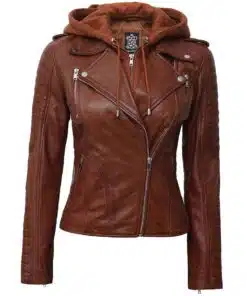 Women's Tan Biker Leather Jacket With Hood