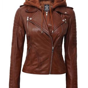 Women's Tan Biker Leather Jacket With Hood