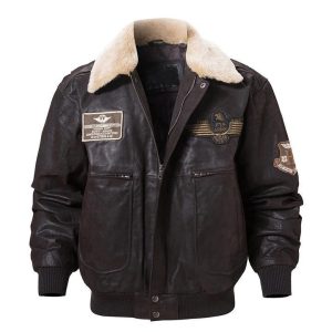 Dark Brown Flying Bomber Faux Shearling Leather Jacket