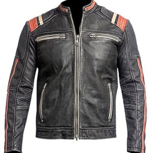 Biker Cafe Racer Distressed Black Leather Jacket