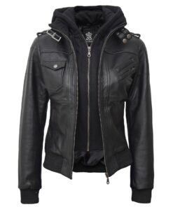 Women's Black Leather Jacket With Removable Hood
