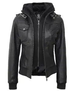 Women's Black Leather Jacket With Removable Hood