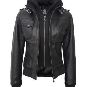 Women's Black Leather Jacket With Removable Hood