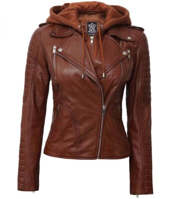 Women's Tan Biker Leather Jacket With Removable Hood