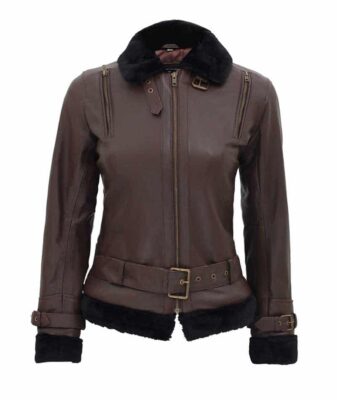 Women's Brown Shearling Fur Bomber Leather Jacket