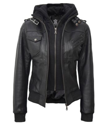 Women's Edinburgh Black Leather Jacket With Removable Hood